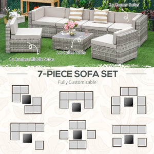 Outsunny 7-Piece Patio Furniture Set, Outdoor Wicker Conversation Set, All Weather PE Rattan Sectional Sofa Set with Cushions and Faux Wood Table, Stripe Pillows, Beige