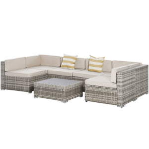 Outsunny 7-Piece Patio Furniture Set, Outdoor Wicker Conversation Set, All Weather PE Rattan Sectional Sofa Set with Cushions and Faux Wood Table, Stripe Pillows, Beige