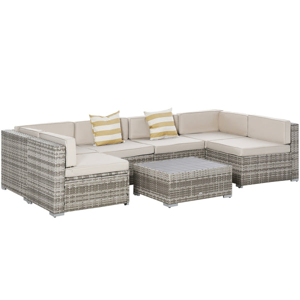 Outsunny 7-Piece Patio Furniture Set, Outdoor Wicker Conversation Set, All Weather PE Rattan Sectional Sofa Set with Cushions and Faux Wood Table, Stripe Pillows, Beige