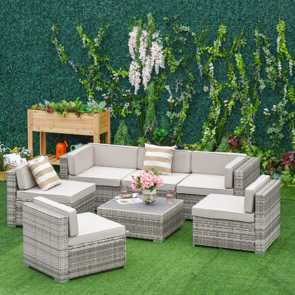 Outsunny 7-Piece Patio Furniture Set, Outdoor Wicker Conversation Set, All Weather PE Rattan Sectional Sofa Set with Cushions and Faux Wood Table, Stripe Pillows, Beige