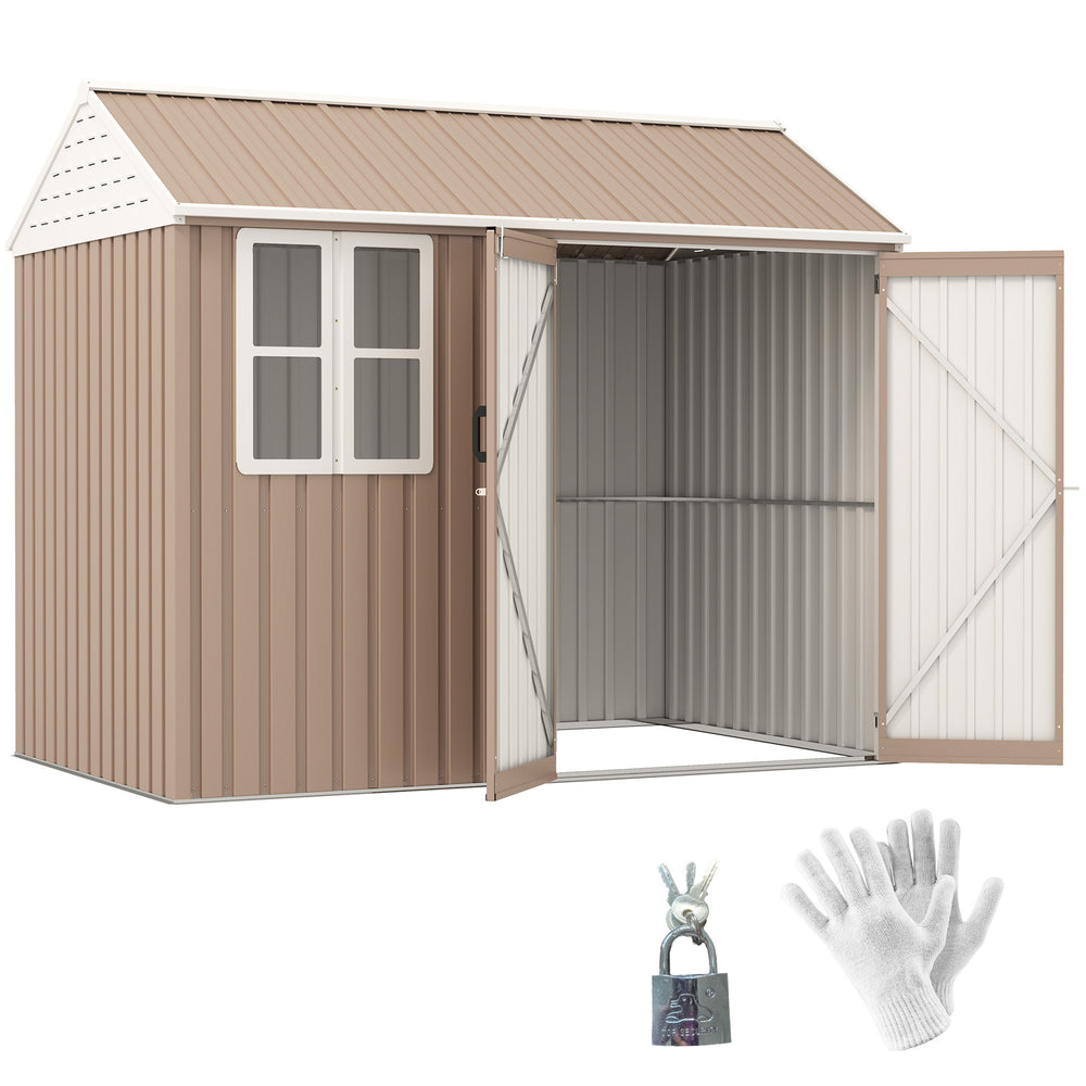 Outsunny 8' x 6' Outdoor Storage Shed, Metal Garden Shed with Window & Double Lockable Door, Outdoor Tool Shed Storage with Sloped Roof for Backyard, Patio, Garage, Lawn, Brown