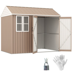 Outsunny 8' x 6' Outdoor Storage Shed, Metal Garden Shed with Window & Double Lockable Door, Outdoor Tool Shed Storage with Sloped Roof for Backyard, Patio, Garage, Lawn, Brown