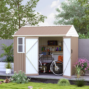 Outsunny 8' x 6' Outdoor Storage Shed, Metal Garden Shed with Window & Double Lockable Door, Outdoor Tool Shed Storage with Sloped Roof for Backyard, Patio, Garage, Lawn, Brown