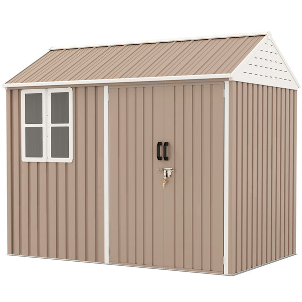 Outsunny 8' x 6' Outdoor Storage Shed, Metal Garden Shed with Window & Double Lockable Door, Outdoor Tool Shed Storage with Sloped Roof for Backyard, Patio, Garage, Lawn, Brown