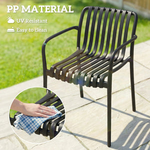 Stackable Patio Chairs Set of 4, Outdoor Patio Dining Chairs with Curved Backrest, Slatted Seat and Armrest for Indoor, Outdoor, Balcony, Deck, Garden,  Plastic, Black