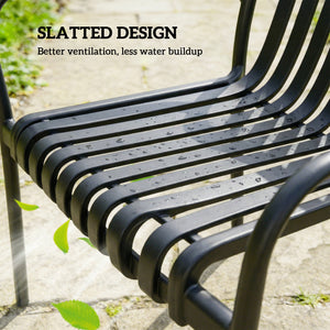 Stackable Patio Chairs Set of 4, Outdoor Patio Dining Chairs with Curved Backrest, Slatted Seat and Armrest for Indoor, Outdoor, Balcony, Deck, Garden,  Plastic, Black