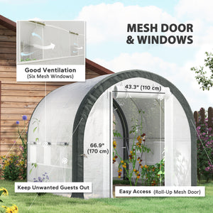 10'x6.6'x6.6' Walk-in Tunnel Greenhouse with Zipped Roll Up Mesh Door, 6 Mesh Windows, Plant Hot House Tent with PE Cover, 6 Plant Labels Gloves, White