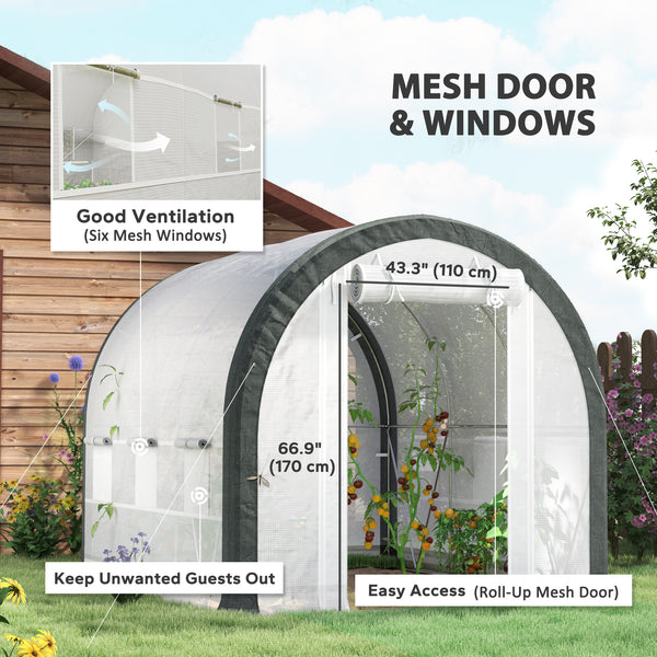 10'x6.6'x6.6' Walk-in Tunnel Greenhouse with Zipped Roll Up Mesh Door, 6 Mesh Windows, Plant Hot House Tent with PE Cover, 6 Plant Labels Gloves, White