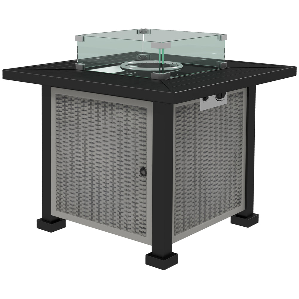 Square Propane Gas Fire Pit Table, 50000 BTU Rattan Smokeless Firepit Patio Heater with Glass Screen, Glass Beads and Lid, 81cm x 81cm x 64cm, Grey
