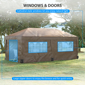 10' x 19.5' Pop Up Canopy Tent with Sidewalls, UPF 30+ Height Adjustable Large Party Tent Event Shelter with Leg Weight Bags and Wheeled Carry Bag for Garden, Patio, Brown