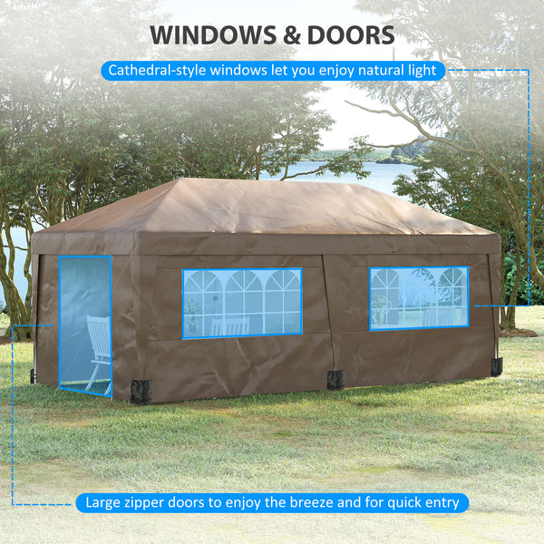 10' x 19.5' Pop Up Canopy Tent with Sidewalls, UPF 30+ Height Adjustable Large Party Tent Event Shelter with Leg Weight Bags and Wheeled Carry Bag for Garden, Patio, Brown