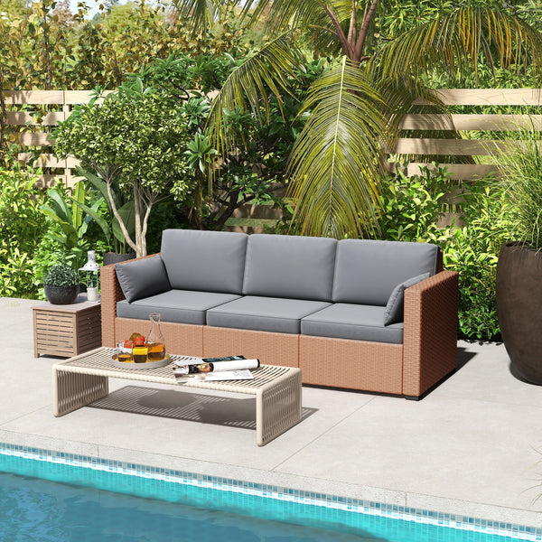 Outsunny Patio Couch PE Wicker Deep Seating Outdoor Sofa with Removable Cushions, 3 Seater Rattan Sofa, Outdoor Furniture for Balcony, Deck, Garden and Poolside, Sand