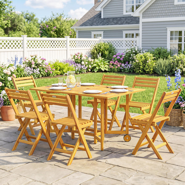 7 Pieces Garden Dining Set, Extending Dining Table and 6 Folding Chairs with Umbrella Hole, Garden Furniture Set with FSC-Certified Acacia Wood for Patio, Natural Wood