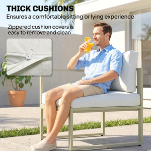 Garden Daybed, 6 Piece Outdoor Sectional Sofa Set, Aluminium Patio Conversation Furniture Set with Coffee Table, Footstool and Cushions, Cream White