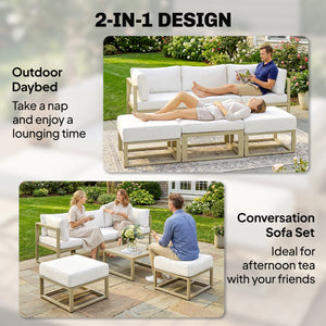 Garden Daybed, 6 Piece Outdoor Sectional Sofa Set, Aluminium Patio Conversation Furniture Set with Coffee Table, Footstool and Cushions, Cream White