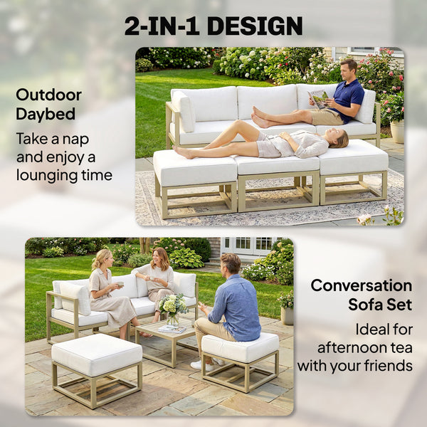 Garden Daybed, 6 Piece Outdoor Sectional Sofa Set, Aluminium Patio Conversation Furniture Set with Coffee Table, Footstool and Cushions, Cream White