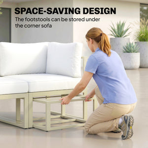 Garden Daybed, 6 Piece Outdoor Sectional Sofa Set, Aluminium Patio Conversation Furniture Set with Coffee Table, Footstool and Cushions, Cream White