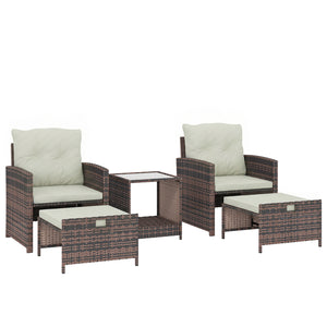 5 Piece Patio Furniture Set, Wicker Patio Chairs with Ottomans, 2-Tier Glass Coffee Table, Cushions, Outdoor Patio Furniture Conversation Set for Balcony, Brown/Cream
