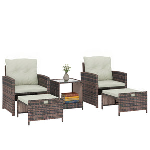 5 Piece Patio Furniture Set, Wicker Patio Chairs with Ottomans, 2-Tier Glass Coffee Table, Cushions, Outdoor Patio Furniture Conversation Set for Balcony, Brown/Cream