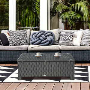 Ousunny Patio Furniture, Wicker Coffee Table, Hand-Woven PE Rattan Side Table with a Tempered Glass Top, 33.5" x 19.75", Black