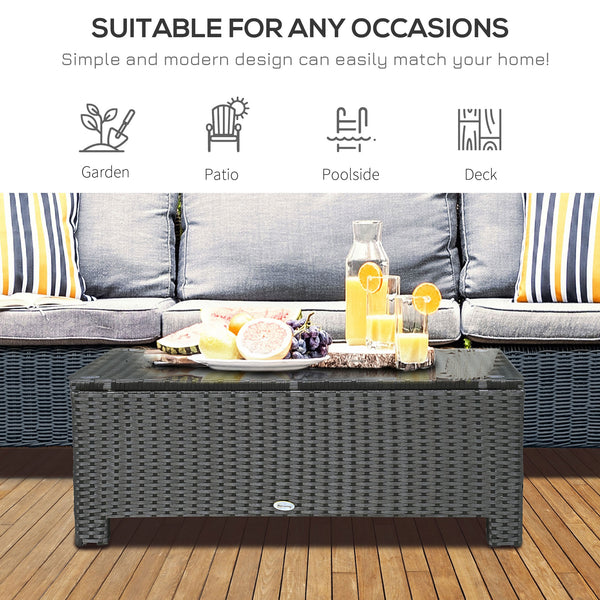 Ousunny Patio Furniture, Wicker Coffee Table, Hand-Woven PE Rattan Side Table with a Tempered Glass Top, 33.5" x 19.75", Black