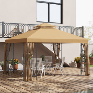 10' x 12' Patio Gazebo with Corner Frame Shelves, Double Roof Outdoor Gazebo Canopy Shelter with Netting for Patio, Wedding, Catering & Events, Brown