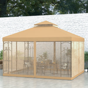 10' x 12' Patio Gazebo with Corner Frame Shelves, Double Roof Outdoor Gazebo Canopy Shelter with Netting for Patio, Wedding, Catering & Events, Brown