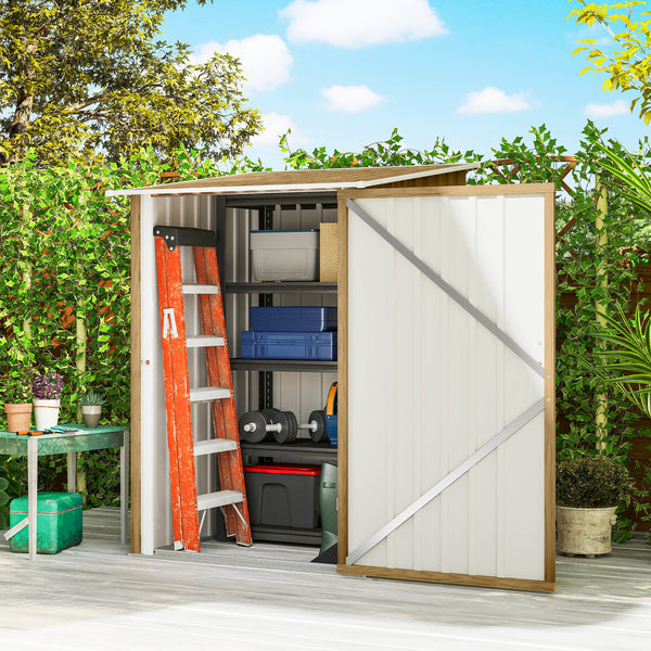 3' x 3' Lean-to Garden Storage Shed, Outdoor Galvanized Steel Tool House with Lockable Door for Patio, Backyard Lawn, Light Brown Wood Effect