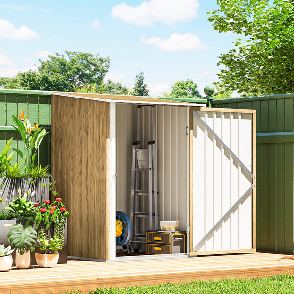 3' x 3' Lean-to Garden Storage Shed, Outdoor Galvanized Steel Tool House with Lockable Door for Patio, Backyard Lawn, Light Brown Wood Effect