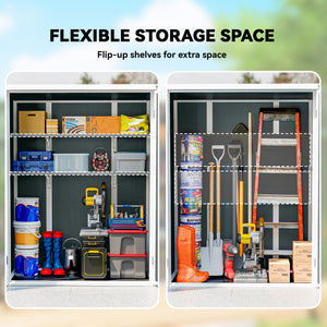 4.4' x 2.3' Plastic Garden Shed, Wood-Effect Outdoor Storage Shed with Floor, 2 Foldable Shelves and Lockable Double Doors for Backyard, Patio, Distressed Grey