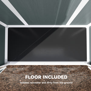 4.4' x 2.3' Plastic Garden Shed, Wood-Effect Outdoor Storage Shed with Floor, 2 Foldable Shelves and Lockable Double Doors for Backyard, Patio, Distressed Grey