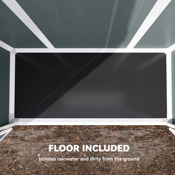 4.4' x 2.3' Plastic Garden Shed, Wood-Effect Outdoor Storage Shed with Floor, 2 Foldable Shelves and Lockable Double Doors for Backyard, Patio, Distressed Grey