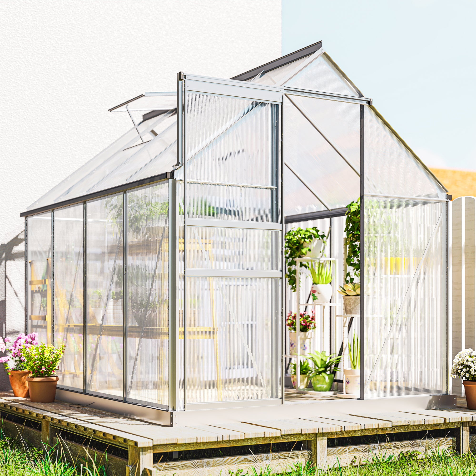 6' x 8' x 6.5' Polycarbonate Greenhouse, Walk-in Green House with Adjustable Roof Vent, Galvanized Base, Sliding Door and Rain Gutter for Outdoor, Garden, Backyard, Clear