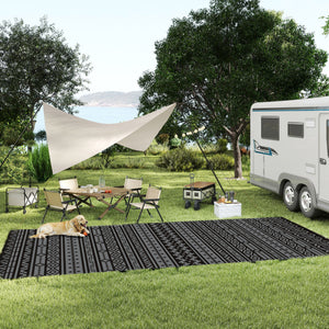 Outdoor Rug for Patio, 9' x 18' Waterproof Large Mat, Reversible Plastic Straw Rug for Decor, Portable Outside RV Camping Area Carpet Mat for Backyard Porch Deck Picnic, Black Gray Geometric