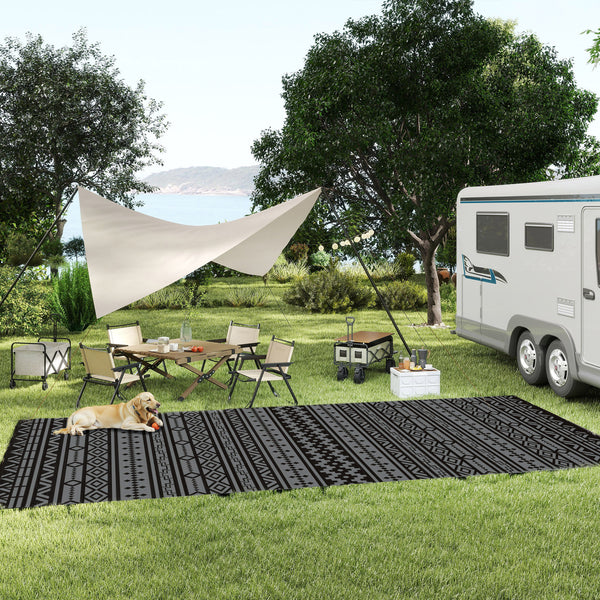 Outdoor Rug for Patio, 9' x 18' Waterproof Large Mat, Reversible Plastic Straw Rug for Decor, Portable Outside RV Camping Area Carpet Mat for Backyard Porch Deck Picnic, Black Gray Geometric