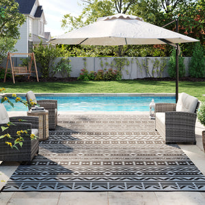 Outdoor Rug for Patio, 9' x 18' Waterproof Large Mat, Reversible Plastic Straw Rug for Decor, Portable Outside RV Camping Area Carpet Mat for Backyard Porch Deck Picnic, Black Gray Geometric