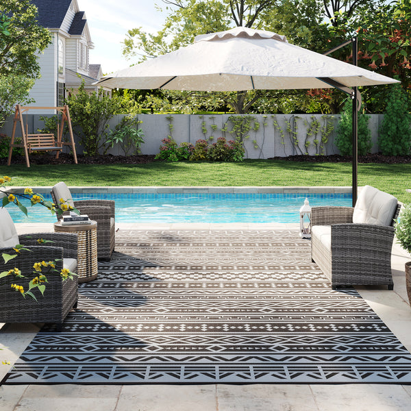 Outdoor Rug for Patio, 9' x 18' Waterproof Large Mat, Reversible Plastic Straw Rug for Decor, Portable Outside RV Camping Area Carpet Mat for Backyard Porch Deck Picnic, Black Gray Geometric