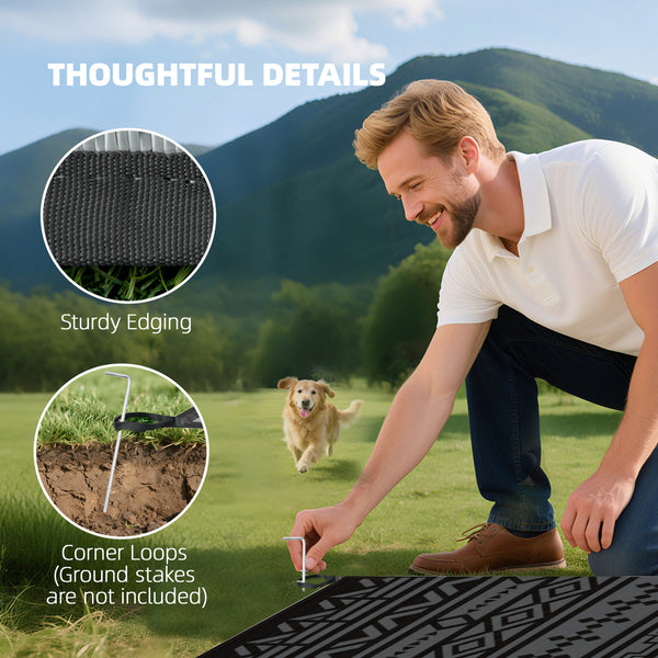 Outdoor Rug for Patio, 9' x 18' Waterproof Large Mat, Reversible Plastic Straw Rug for Decor, Portable Outside RV Camping Area Carpet Mat for Backyard Porch Deck Picnic, Black Gray Geometric