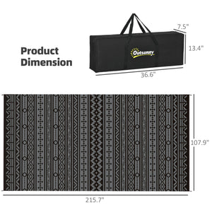 Outdoor Rug for Patio, 9' x 18' Waterproof Large Mat, Reversible Plastic Straw Rug for Decor, Portable Outside RV Camping Area Carpet Mat for Backyard Porch Deck Picnic, Black Gray Geometric