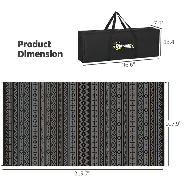 Outdoor Rug for Patio, 9' x 18' Waterproof Large Mat, Reversible Plastic Straw Rug for Decor, Portable Outside RV Camping Area Carpet Mat for Backyard Porch Deck Picnic, Black Gray Geometric