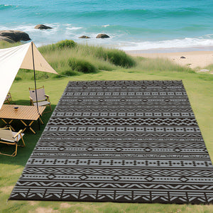 Outdoor Rug for Patio, 9' x 18' Waterproof Large Mat, Reversible Plastic Straw Rug for Decor, Portable Outside RV Camping Area Carpet Mat for Backyard Porch Deck Picnic, Black Gray Geometric