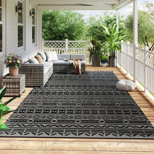 Outdoor Rug for Patio, 9' x 18' Waterproof Large Mat, Reversible Plastic Straw Rug for Decor, Portable Outside RV Camping Area Carpet Mat for Backyard Porch Deck Picnic, Black Gray Geometric