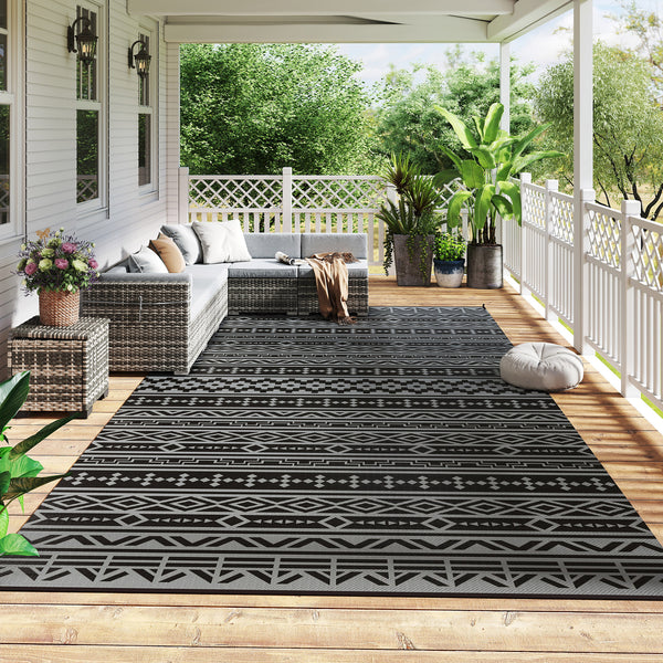Outdoor Rug for Patio, 9' x 18' Waterproof Large Mat, Reversible Plastic Straw Rug for Decor, Portable Outside RV Camping Area Carpet Mat for Backyard Porch Deck Picnic, Black Gray Geometric
