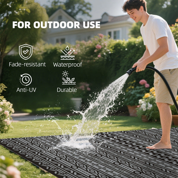 Outdoor Rug for Patio, 9' x 18' Waterproof Large Mat, Reversible Plastic Straw Rug for Decor, Portable Outside RV Camping Area Carpet Mat for Backyard Porch Deck Picnic, Black Gray Geometric