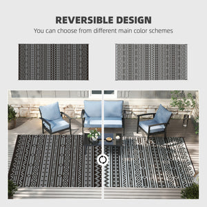 Outdoor Rug for Patio, 9' x 18' Waterproof Large Mat, Reversible Plastic Straw Rug for Decor, Portable Outside RV Camping Area Carpet Mat for Backyard Porch Deck Picnic, Black Gray Geometric