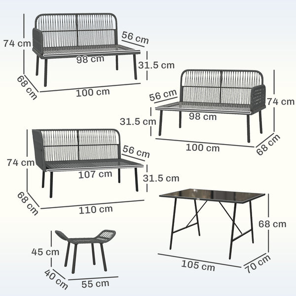 6 Piece Rattan Garden Furniture Set, 8 Seater Garden Corner Sofa with Cushions and Glass Top Table, Sectional Outdoor Furniture Conservatory Set for Patio, Orange