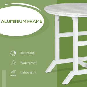 Outsunny Round Patio Table with Umbrella Hole, Outdoor Dining Table for 4 People, Aluminum Frame and Slatted HDPE Tabletop, for Garden, Lawn, Balcony, Terrace, White