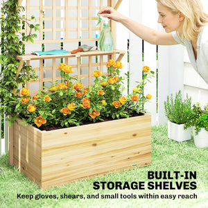 Wooden Raised Garden Bed with Trellis and Roof, Elevated Outdoor Planter Box with 2 Shelves, Drainage Hole and Liner for Climbing Plants Vegetables Flowers, Natural