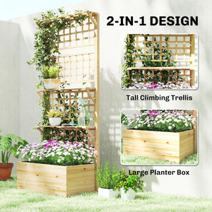 Wooden Raised Garden Bed with Trellis and Roof, Elevated Outdoor Planter Box with 2 Shelves, Drainage Hole and Liner for Climbing Plants Vegetables Flowers, Natural