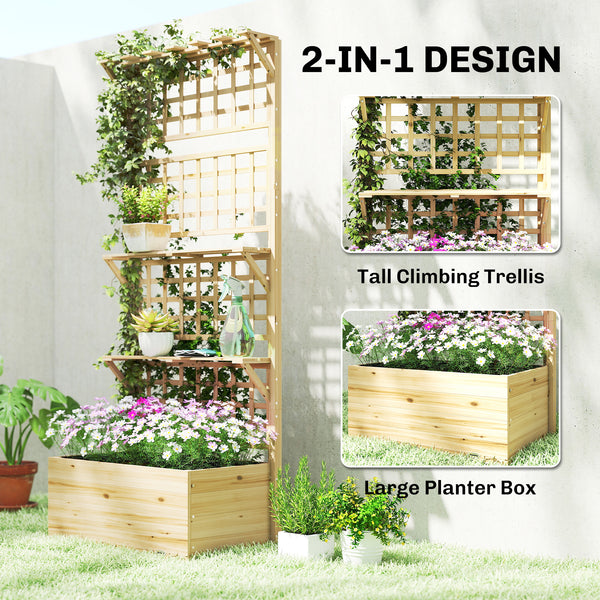 Wooden Raised Garden Bed with Trellis and Roof, Elevated Outdoor Planter Box with 2 Shelves, Drainage Hole and Liner for Climbing Plants Vegetables Flowers, Natural